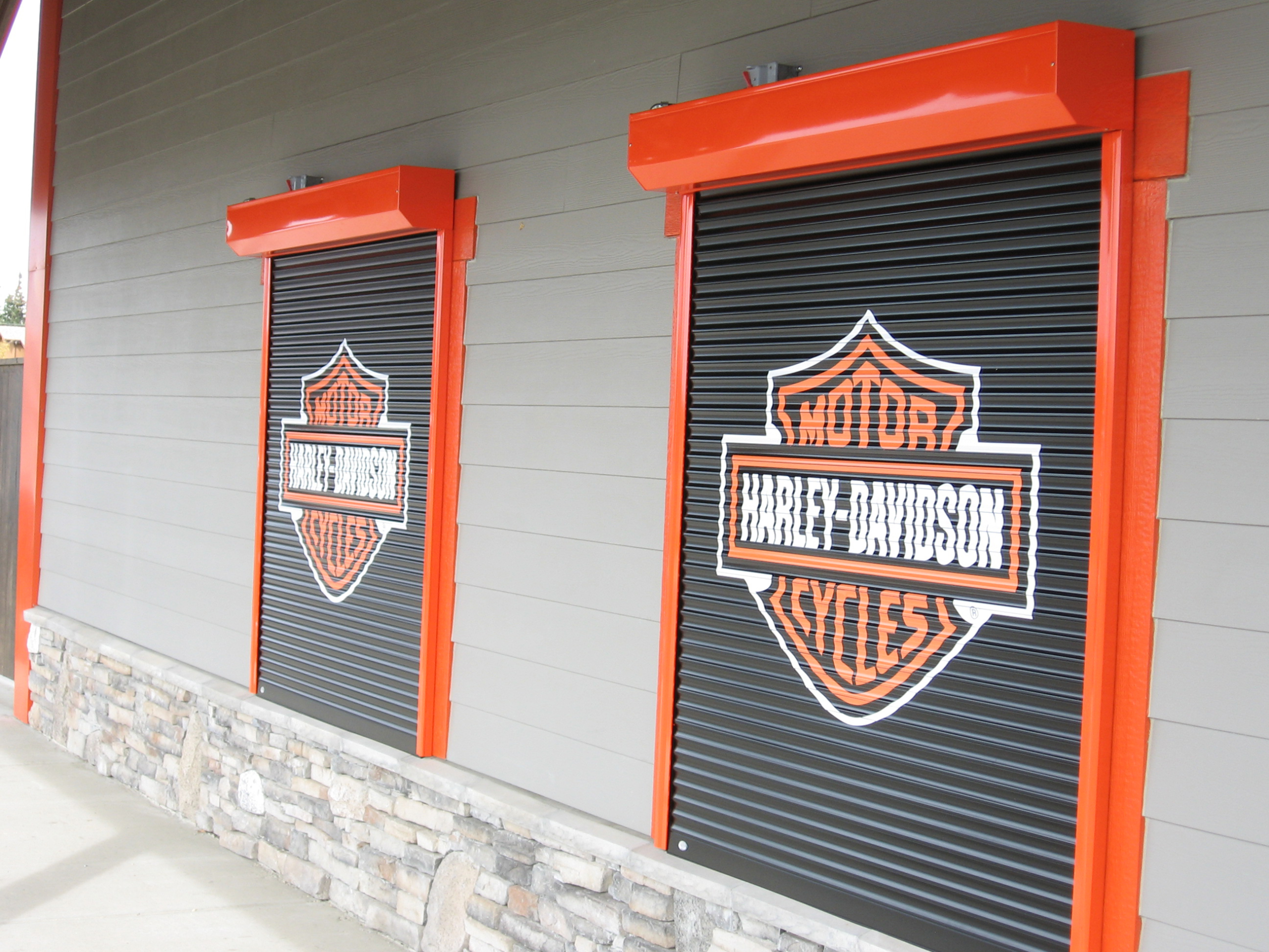 Custom printed Harley Davidson logo on Talius roll shutters