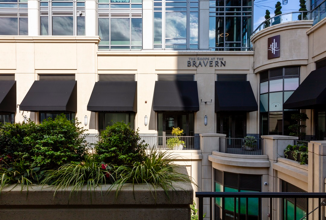 Commercial Fixed Frame awnings by Rainier Shade at The Shops at The Bravern in Bellevue WA.