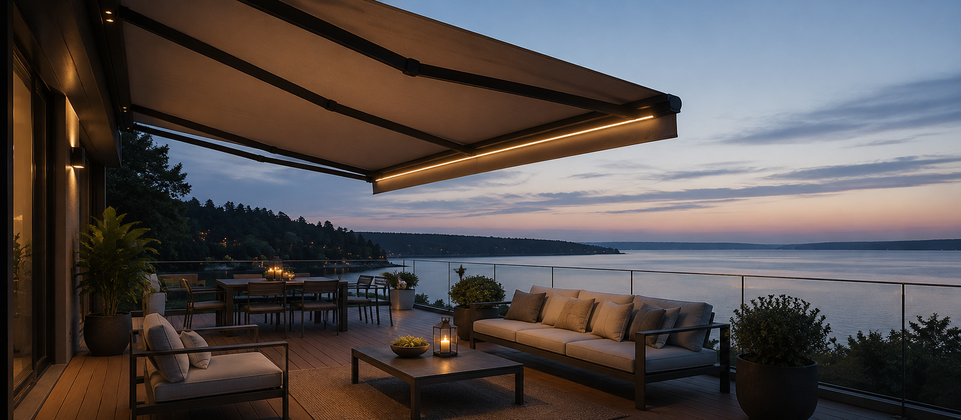 Olympus retractable awning extended over a residential patio