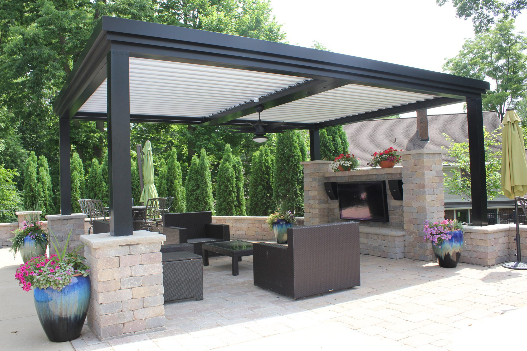 Louvered pergola fully closed — louvers sealed, rain protection