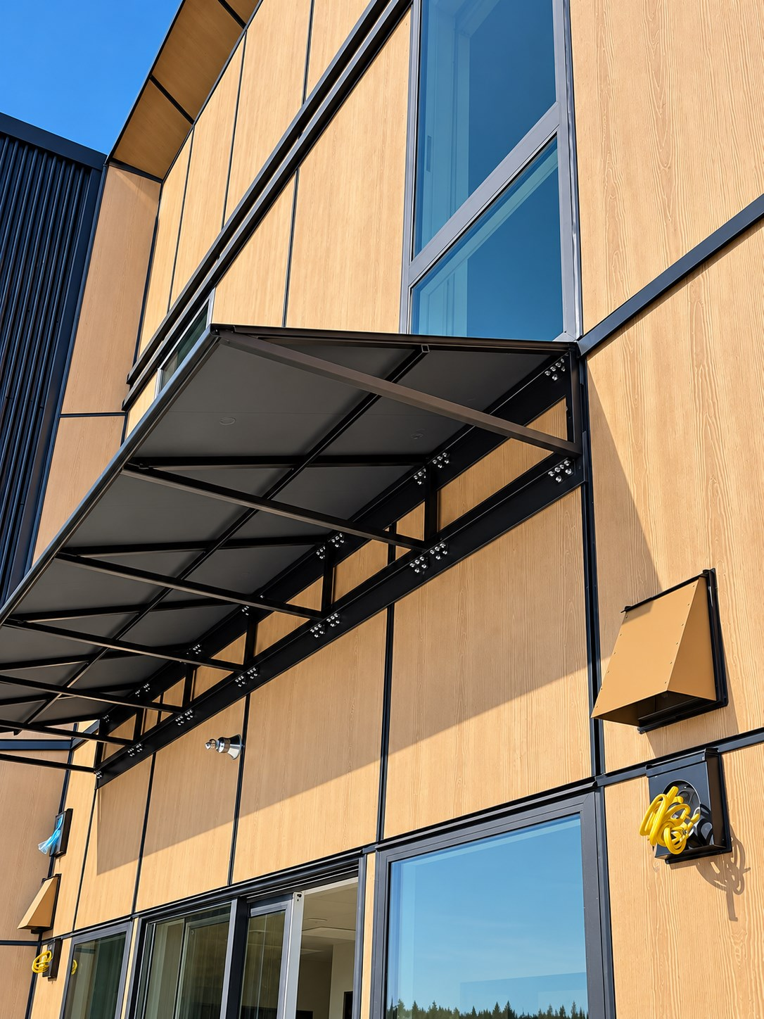 Fixed-frame awnings on a multifamily building in Redmond, WA