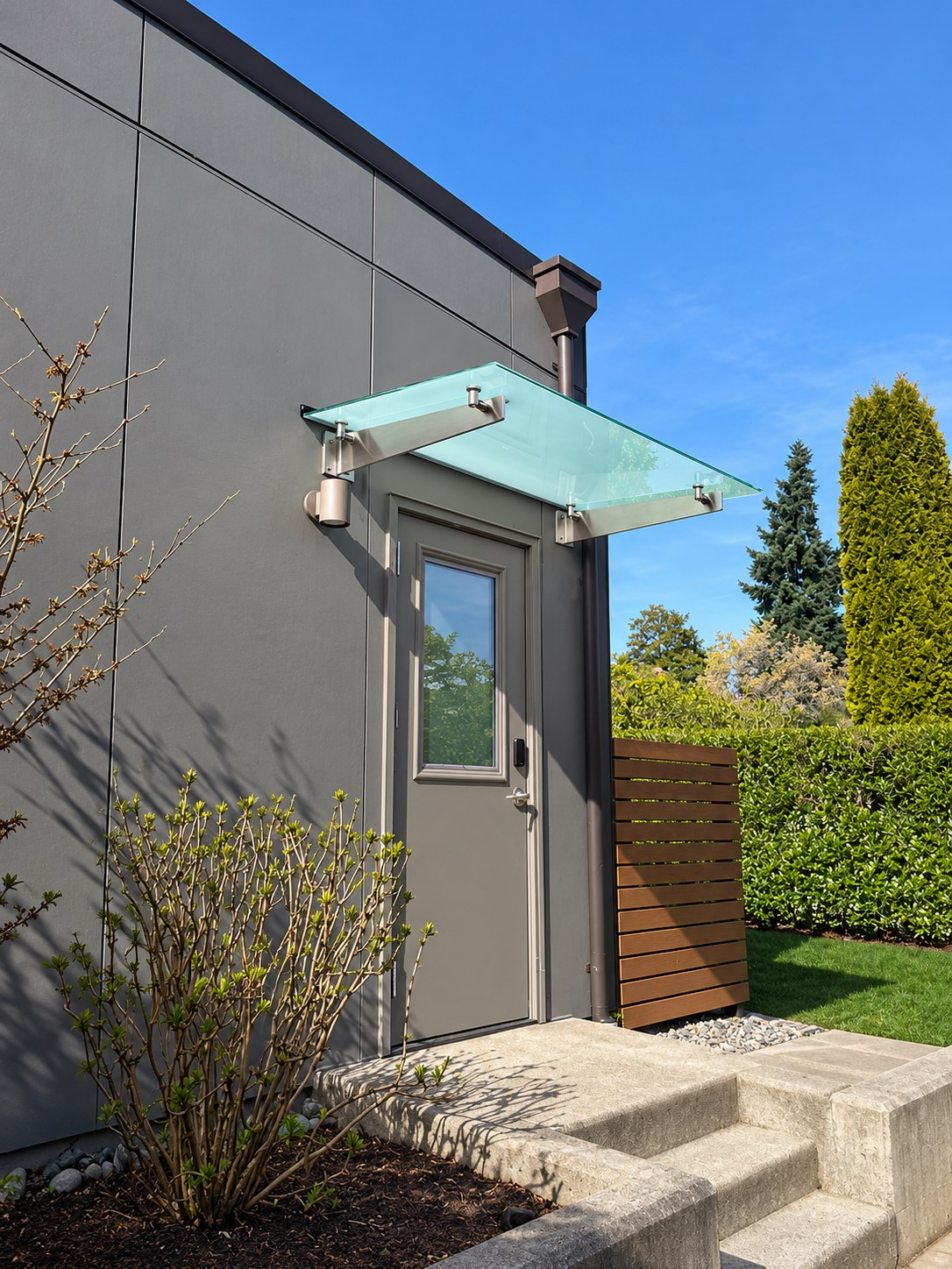 Glass entry canopy fabricated and installed by Rainier Shade