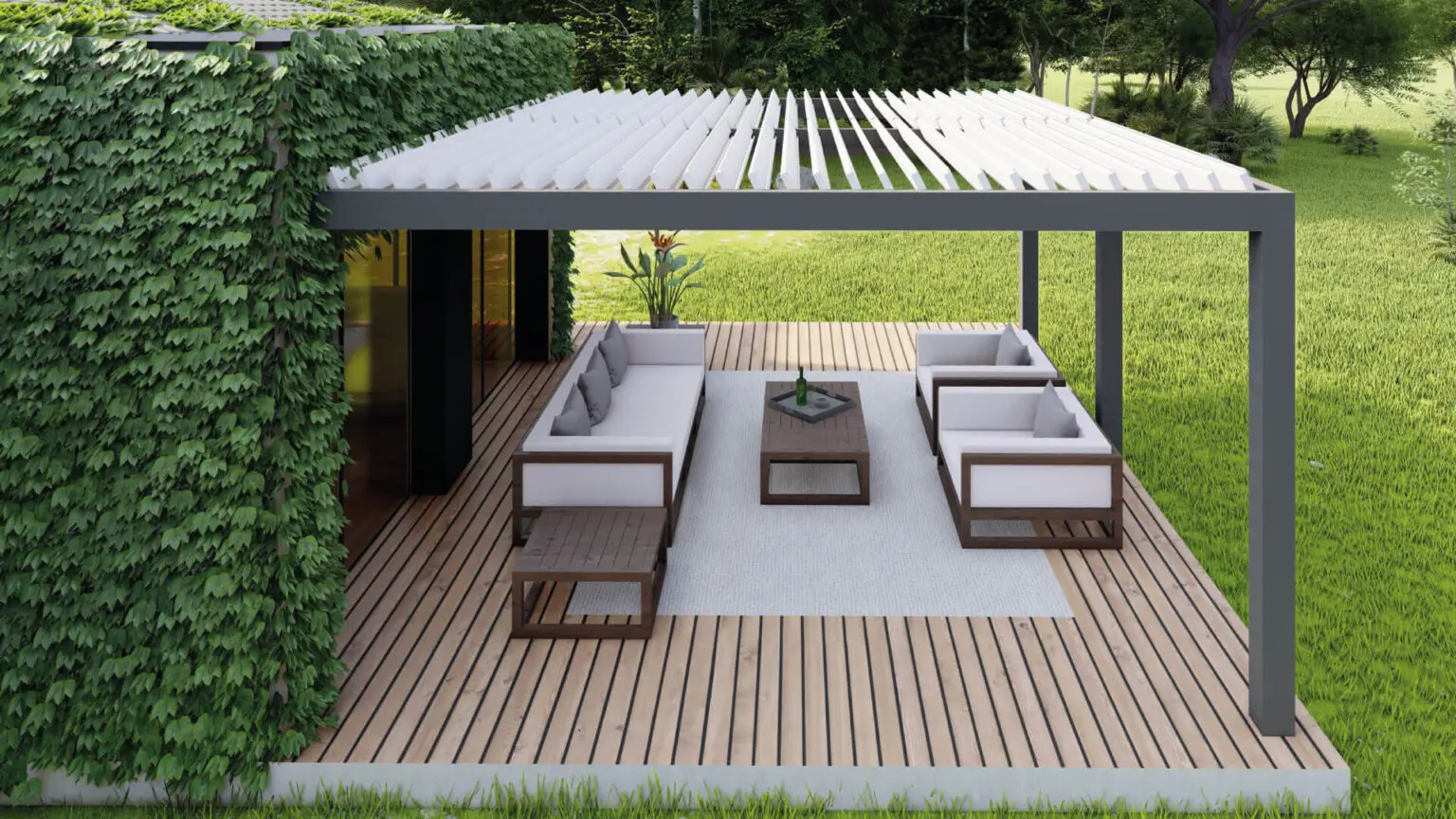 Louvered pergola covering an outdoor seating area