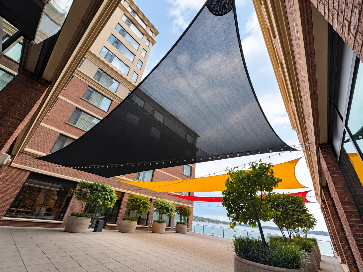 Custom shade sails at the Hyatt in Renton, WA, built for the 2026 FIFA World Cup